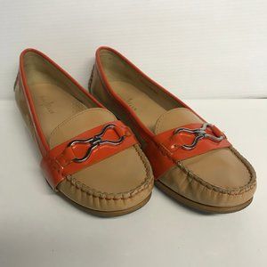 Cole Haan tan and orange patent leather moccasins